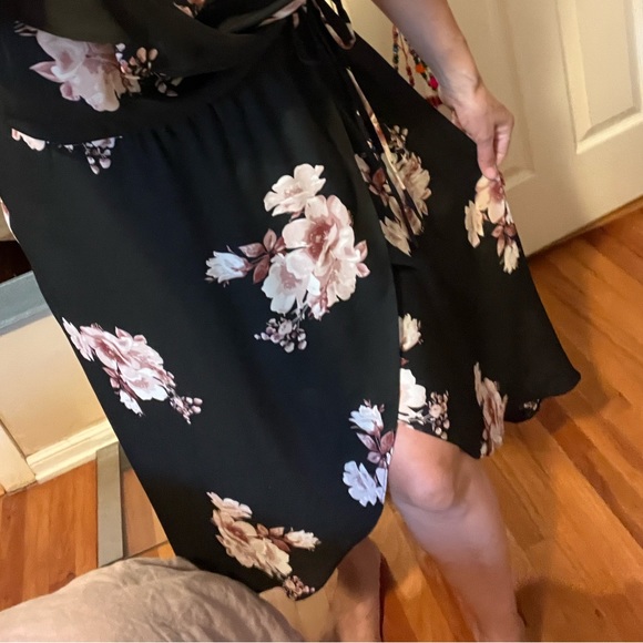 Black and Pink Floral Faux Wrap Dress - Picture 12 of 16